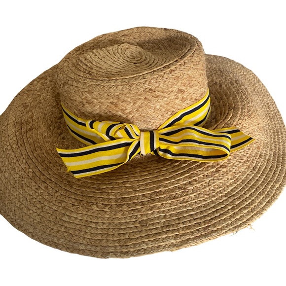 Christy’s of London Straw Sun Hat with Yellow Band- L tan straw , yellow navy